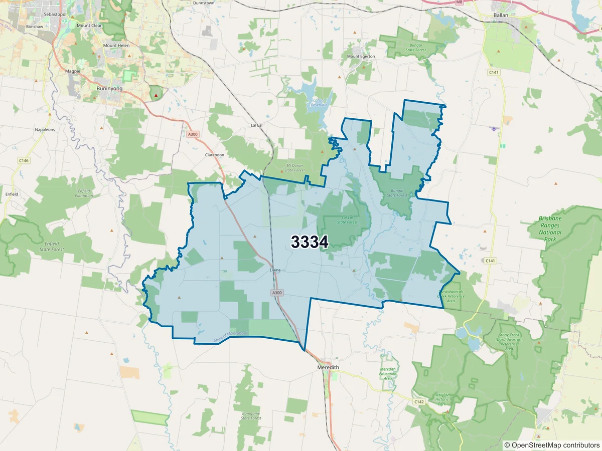Map of postcode 3334 — Elaine, VIC, Australia