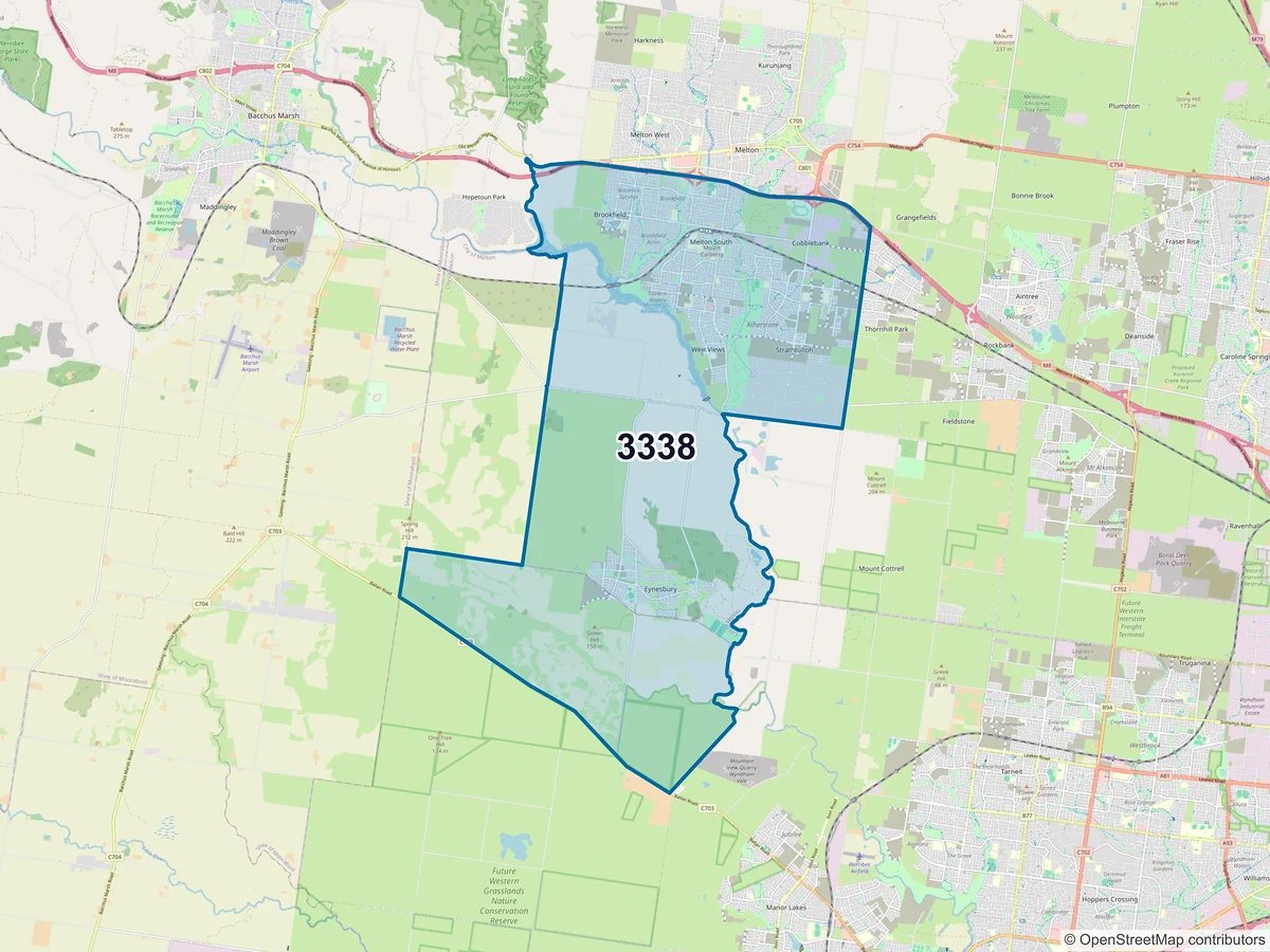 Map of postcode 3338 — Melton South, VIC, Australia