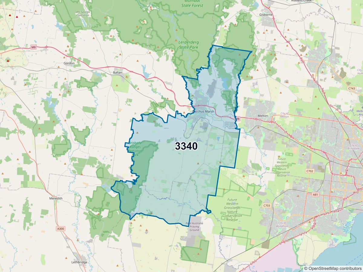 Map of postcode 3340 — Bacchus Marsh, VIC, Australia