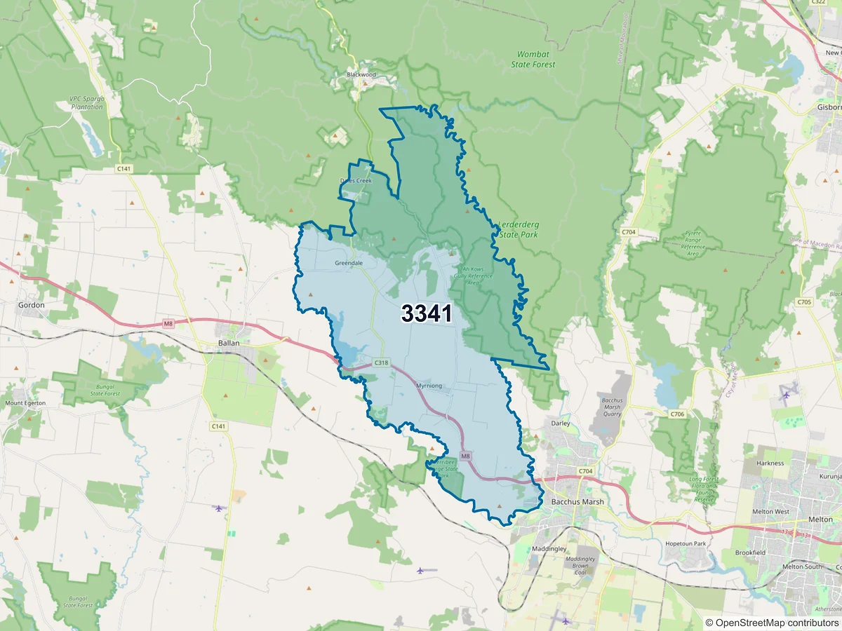 Map of postcode 3341 — Greendale, VIC, Australia