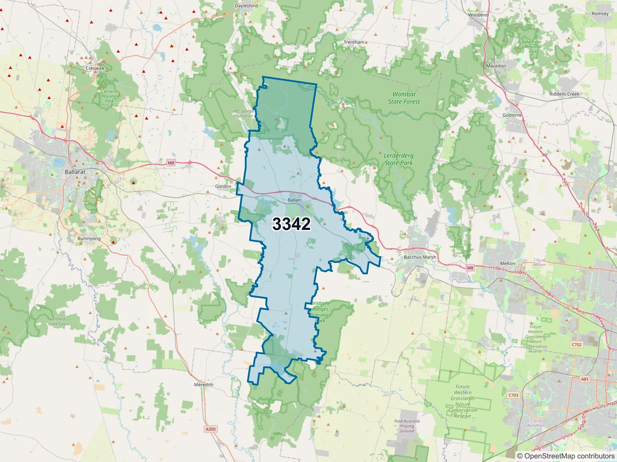 Map of postcode 3342 — Ballan, VIC, Australia