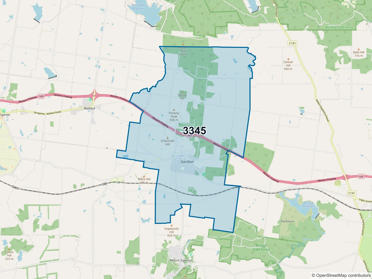Map of postcode 3345 — Gordon, VIC, Australia