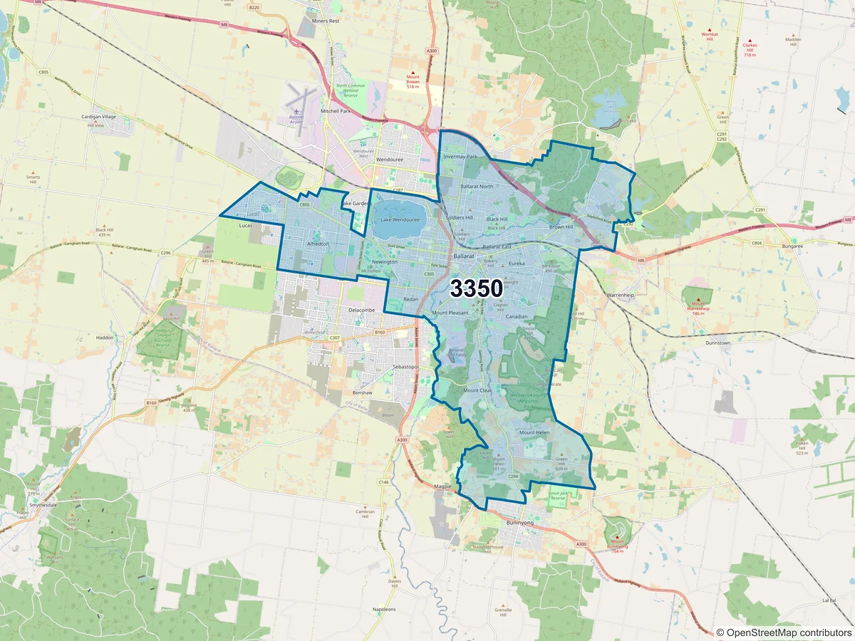 Map of postcode 3350 — Alfredton, VIC, Australia