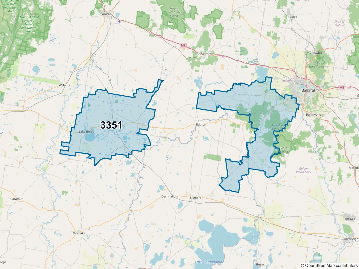 Map of postcode 3351 — Smythes Creek, VIC, Australia