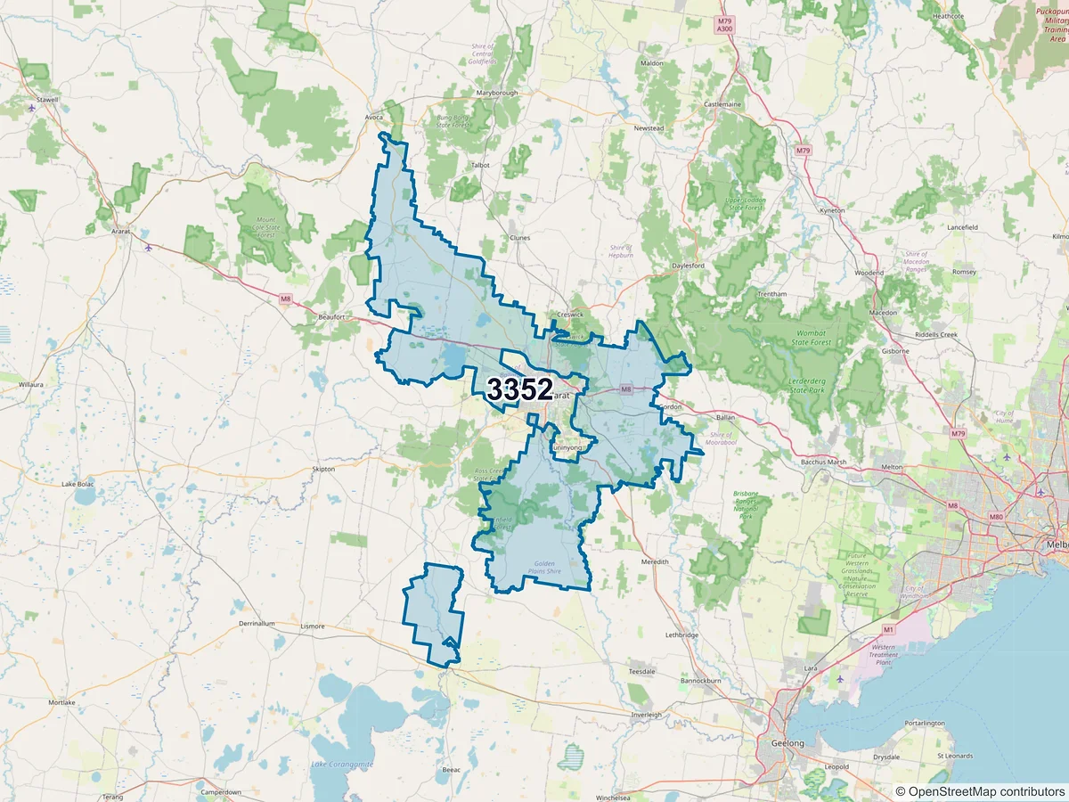 Map of postcode 3352 — Miners Rest, VIC, Australia