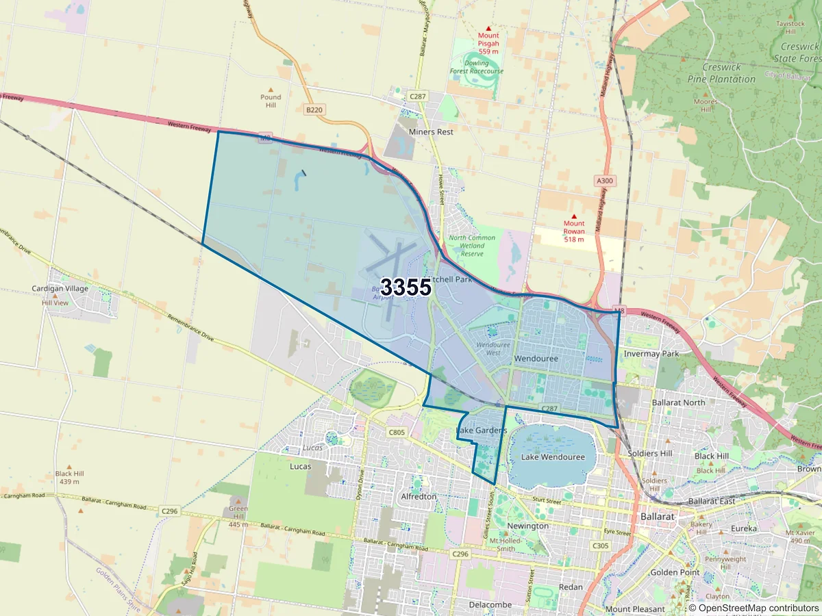 Map of postcode 3355 — Wendouree, VIC, Australia