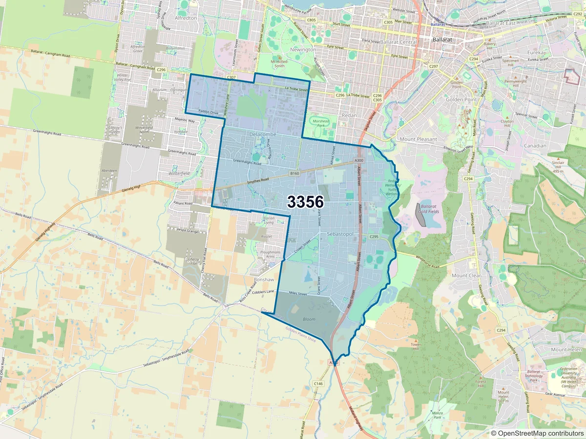 Map of postcode 3356 — Sebastopol, VIC, Australia