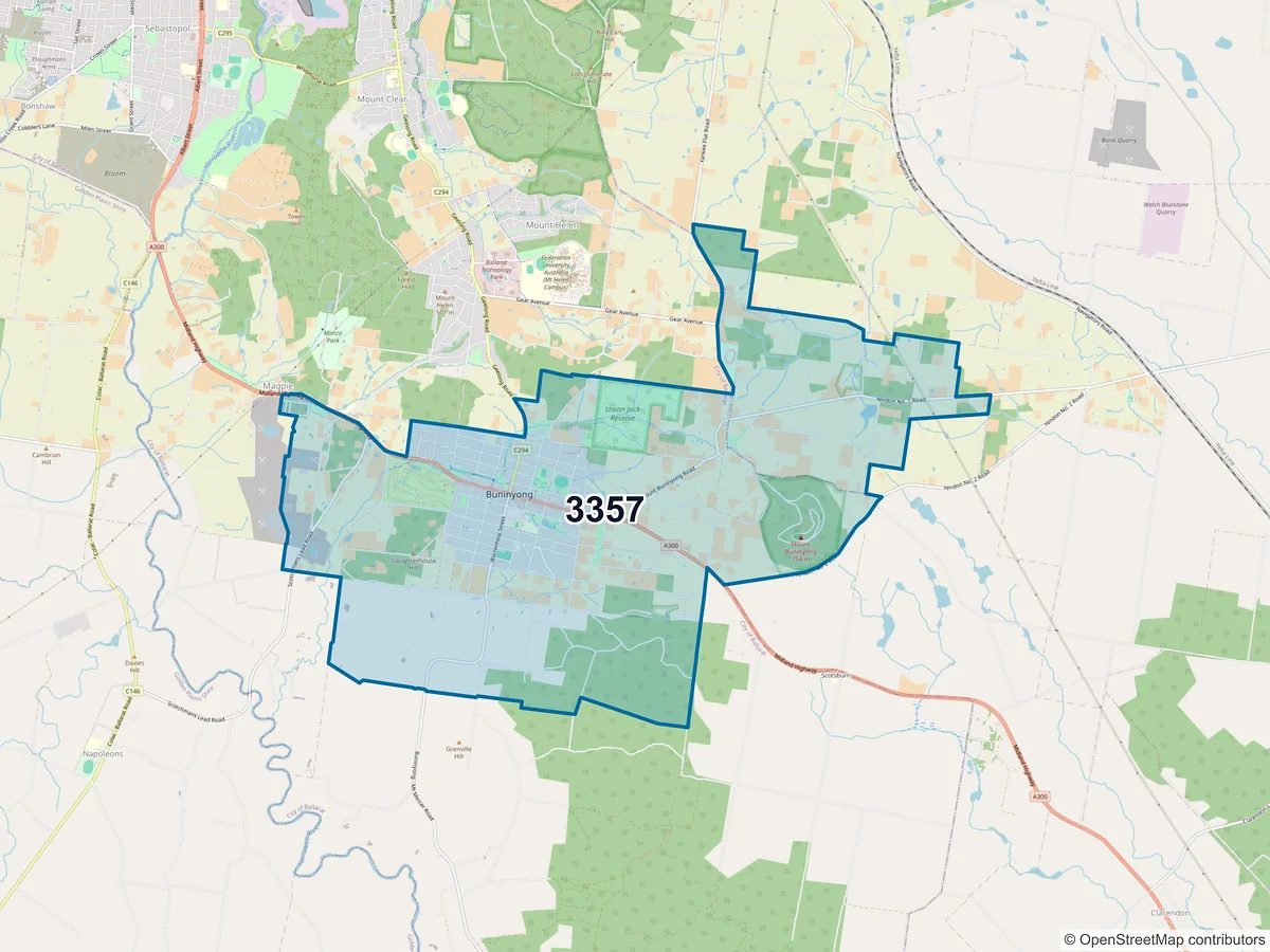 Map of postcode 3357 — Buninyong, VIC, Australia