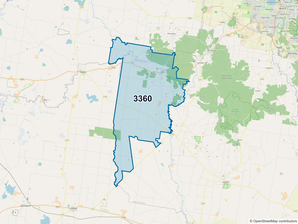 Map of postcode 3360 — Linton, VIC, Australia