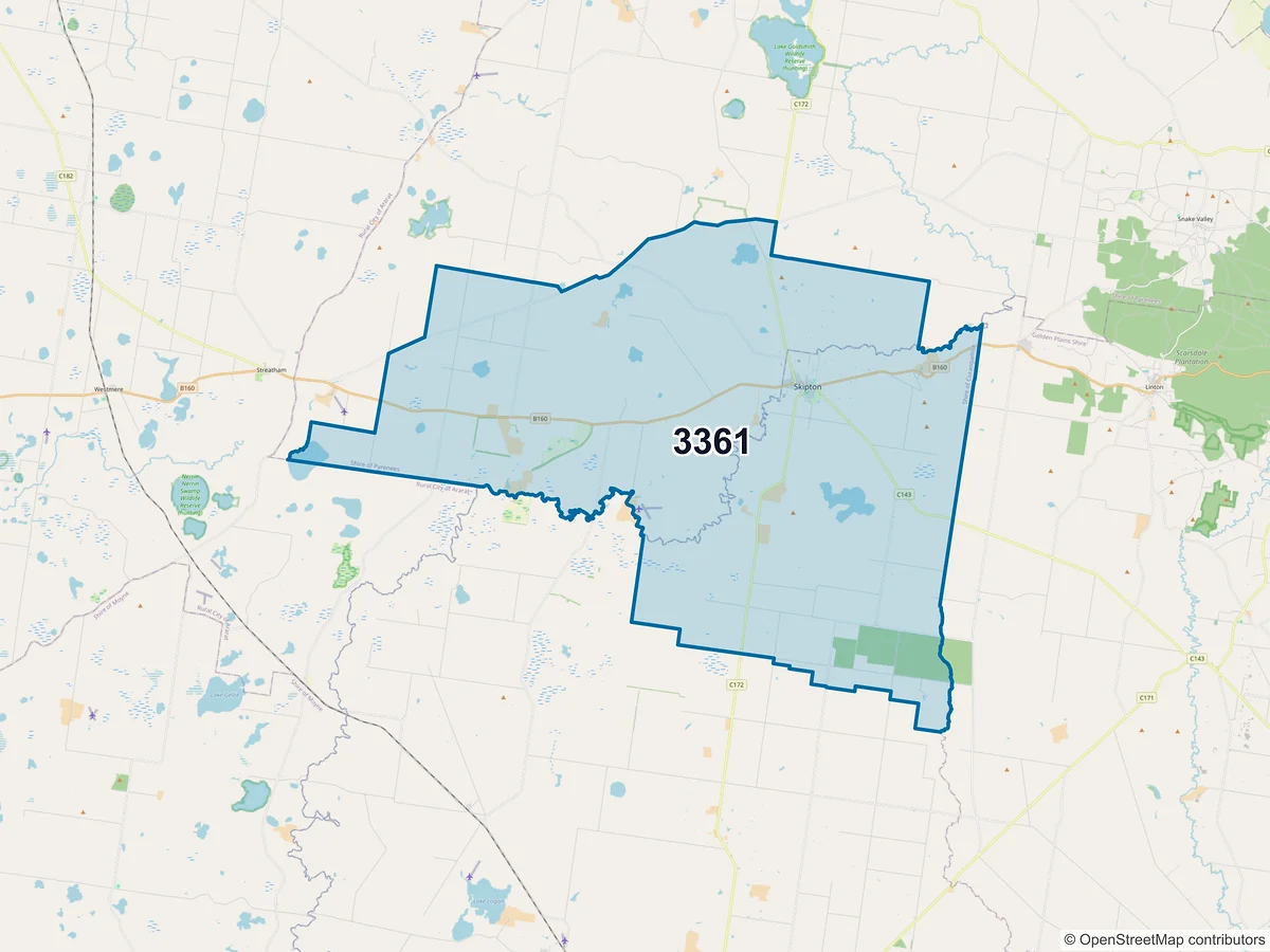 Map of postcode 3361 — Skipton, VIC, Australia