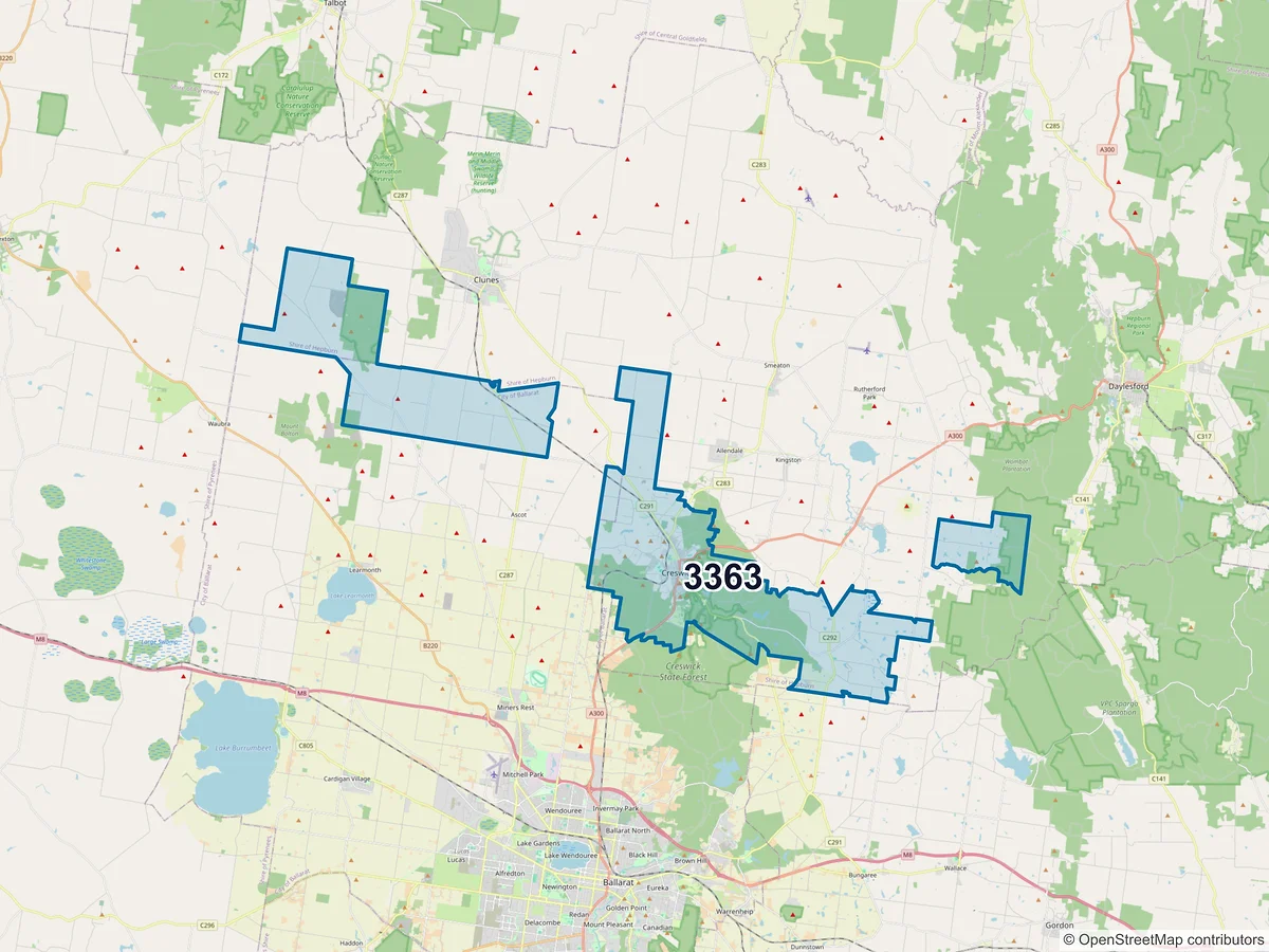 Map of postcode 3363 — Creswick, VIC, Australia