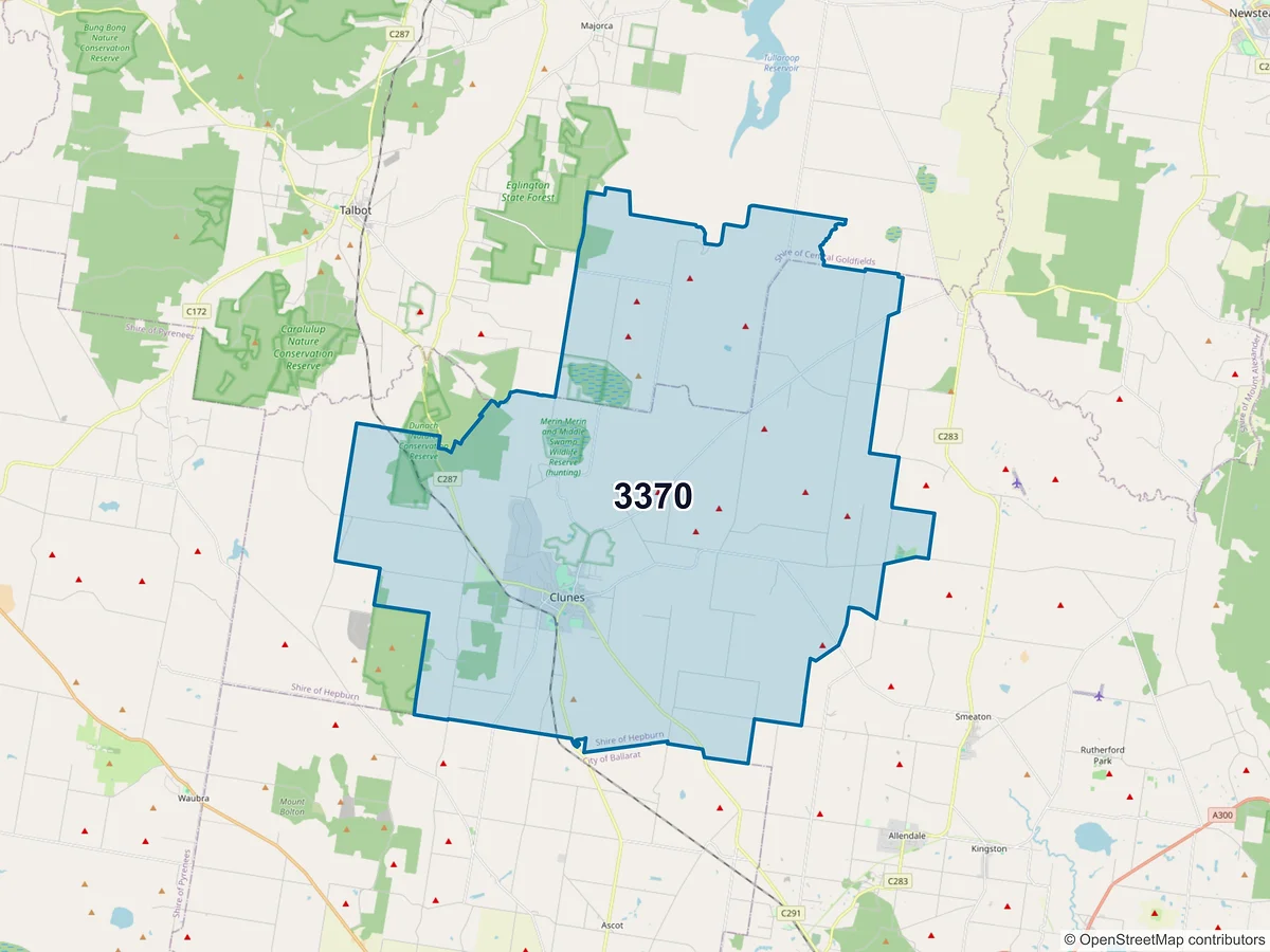Map of postcode 3370 — Clunes, VIC, Australia