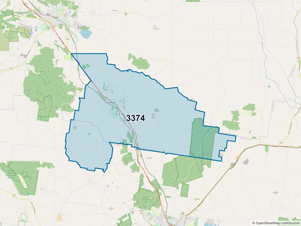 Map of postcode 3374 — Great Western, VIC, Australia