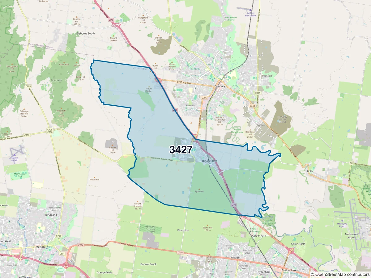 Map of postcode 3427 — Diggers Rest, VIC, Australia