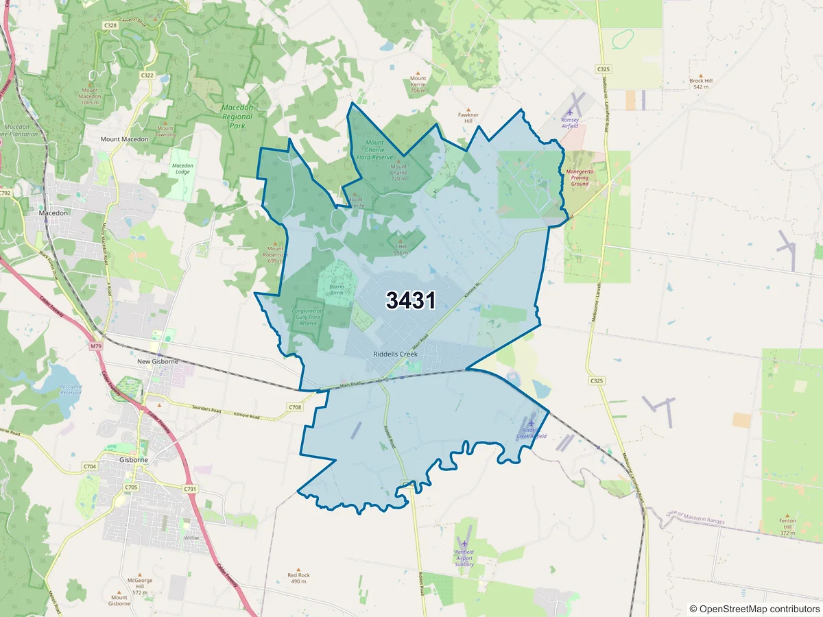 Map of postcode 3431 — Riddells Creek, VIC, Australia