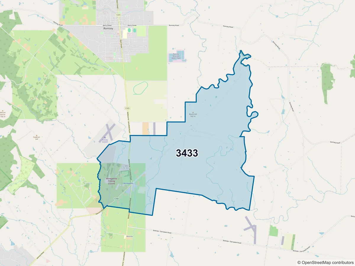 Map of postcode 3433 — Monegeetta, VIC, Australia