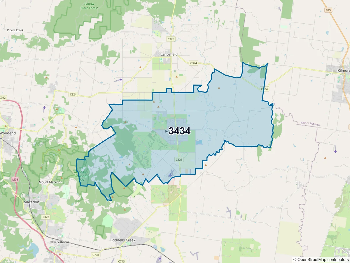 Map of postcode 3434 — Romsey, VIC, Australia