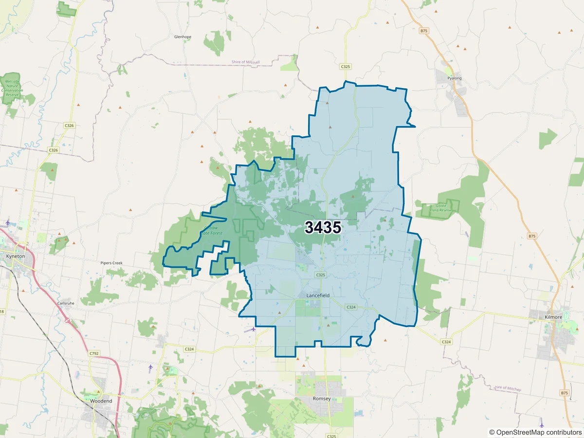 Map of postcode 3435 — Lancefield, VIC, Australia