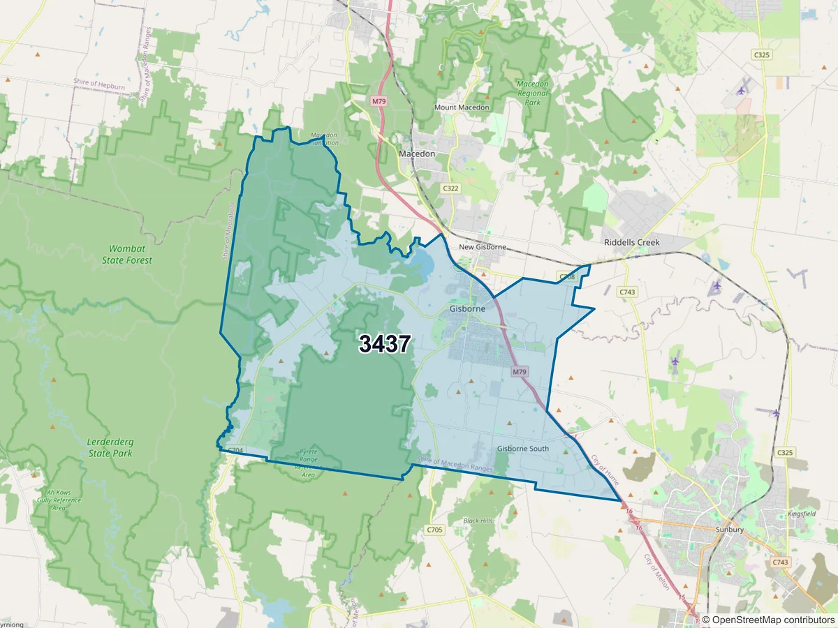 Map of postcode 3437 — Gisborne, VIC, Australia
