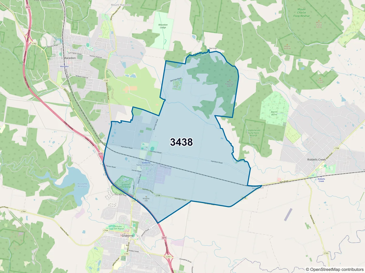 Map of postcode 3438 — New Gisborne, VIC, Australia