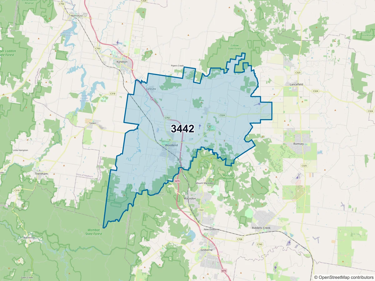 Map of postcode 3442 — Woodend, VIC, Australia