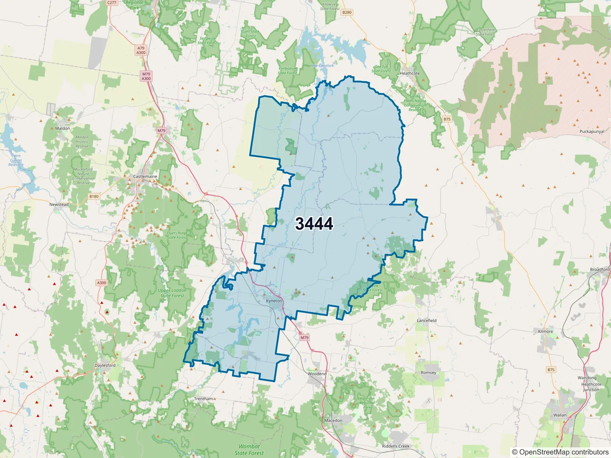 Map of postcode 3444 — Kyneton, VIC, Australia