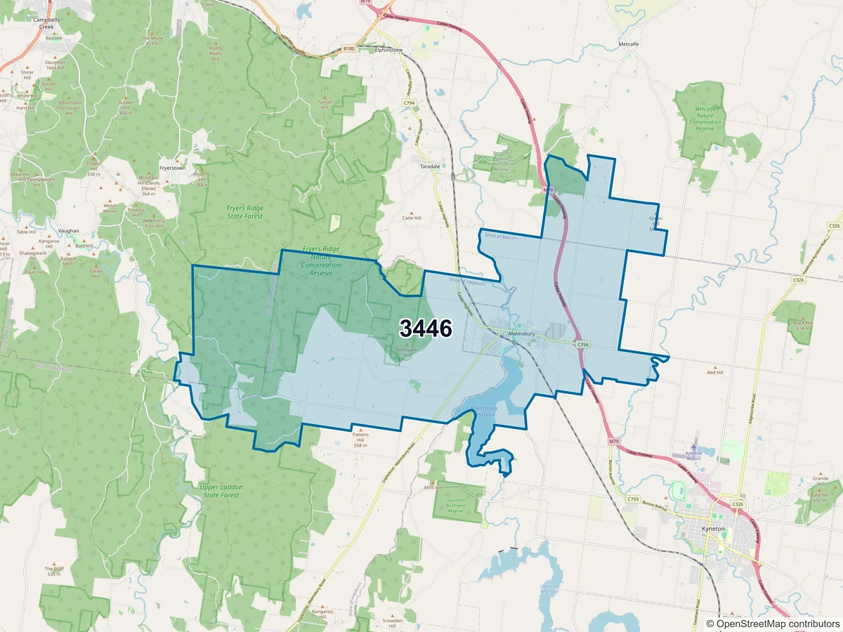 Map of postcode 3446 — Malmsbury, VIC, Australia