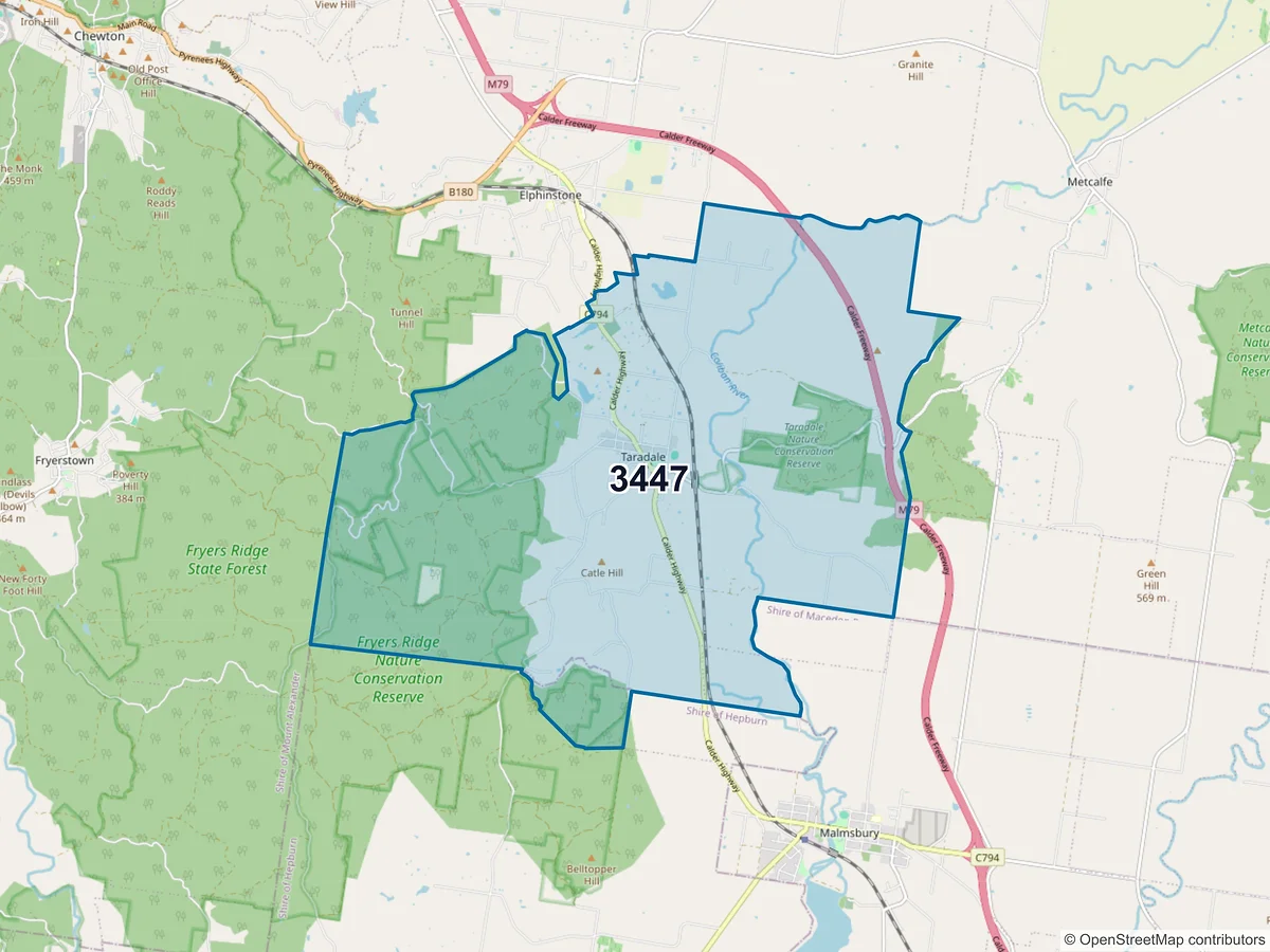 Map of postcode 3447 — Taradale, VIC, Australia
