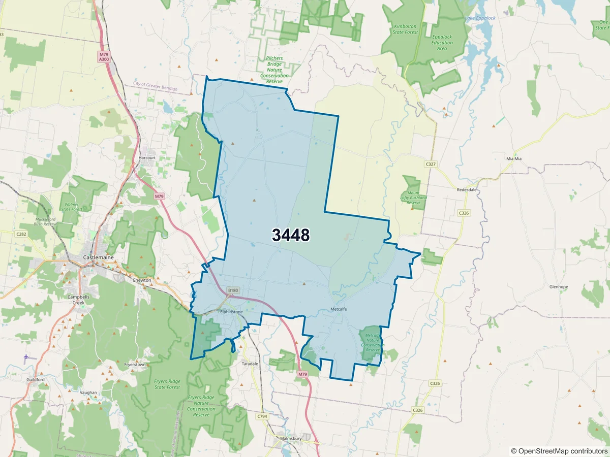 Map of postcode 3448 — Elphinstone, VIC, Australia