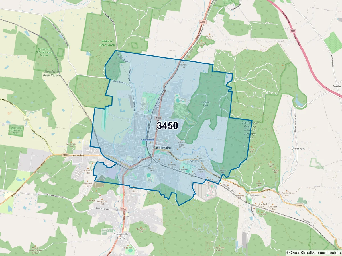 Map of postcode 3450 — Castlemaine, VIC, Australia