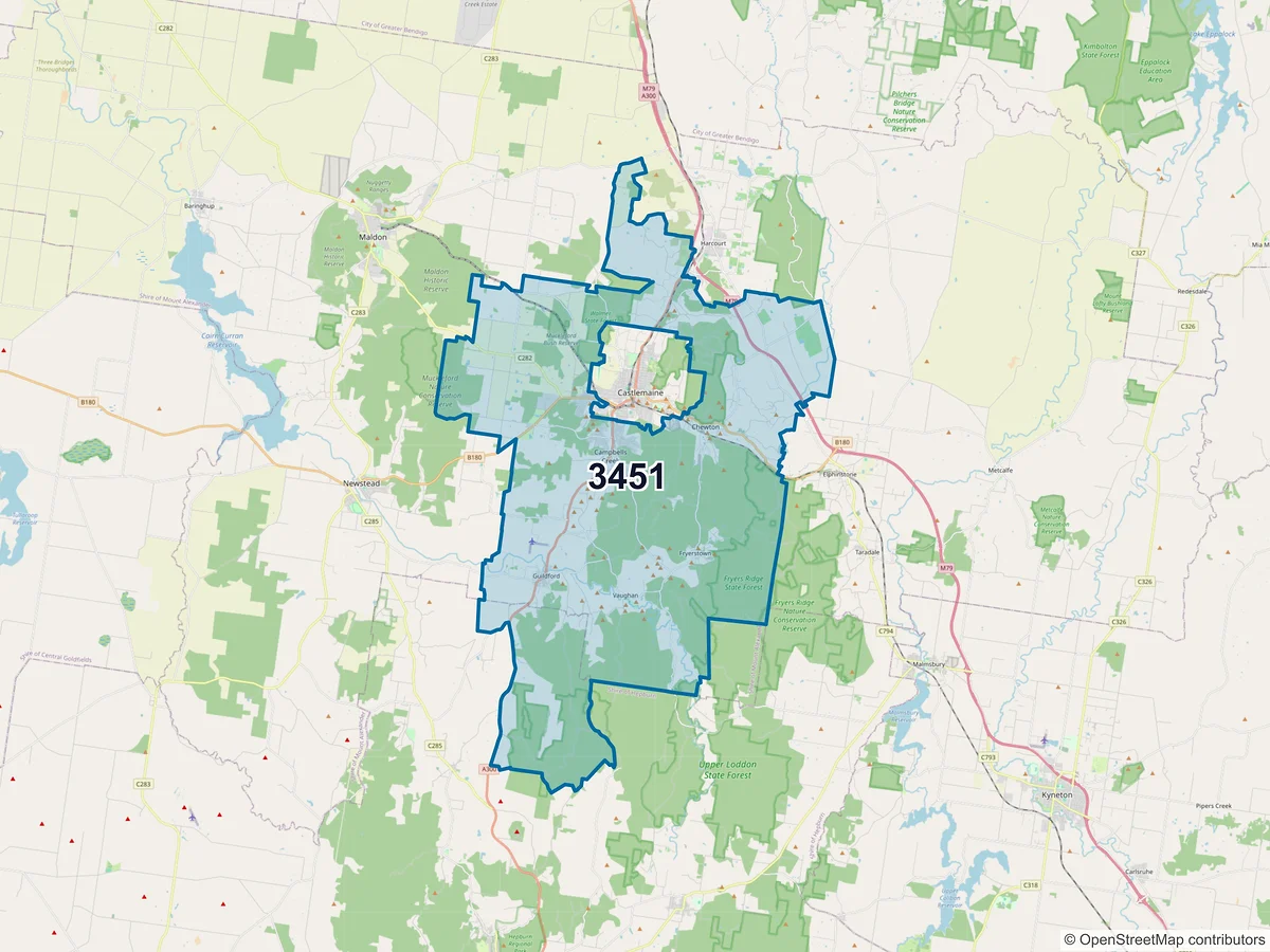 Map of postcode 3451 — Campbells Creek, VIC, Australia