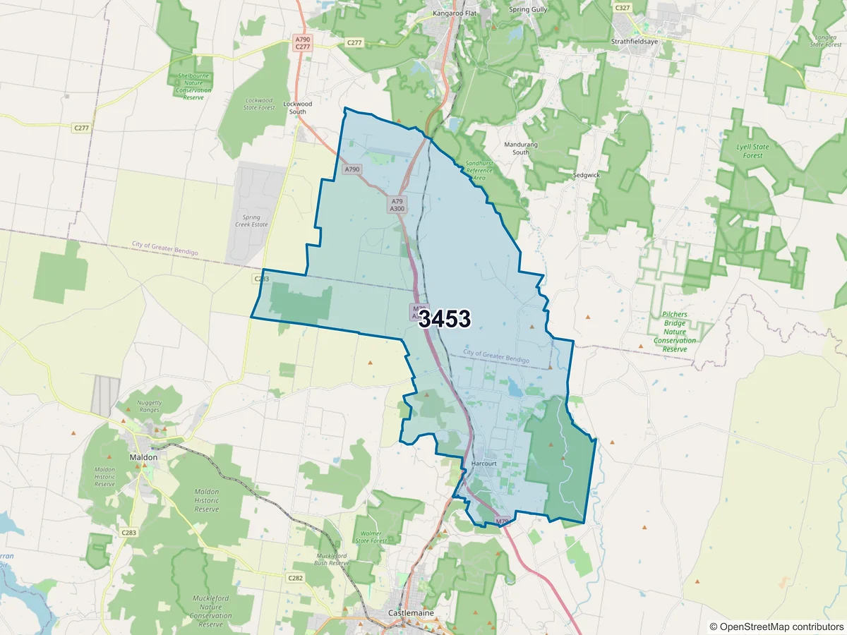 Map of postcode 3453 — Harcourt, VIC, Australia