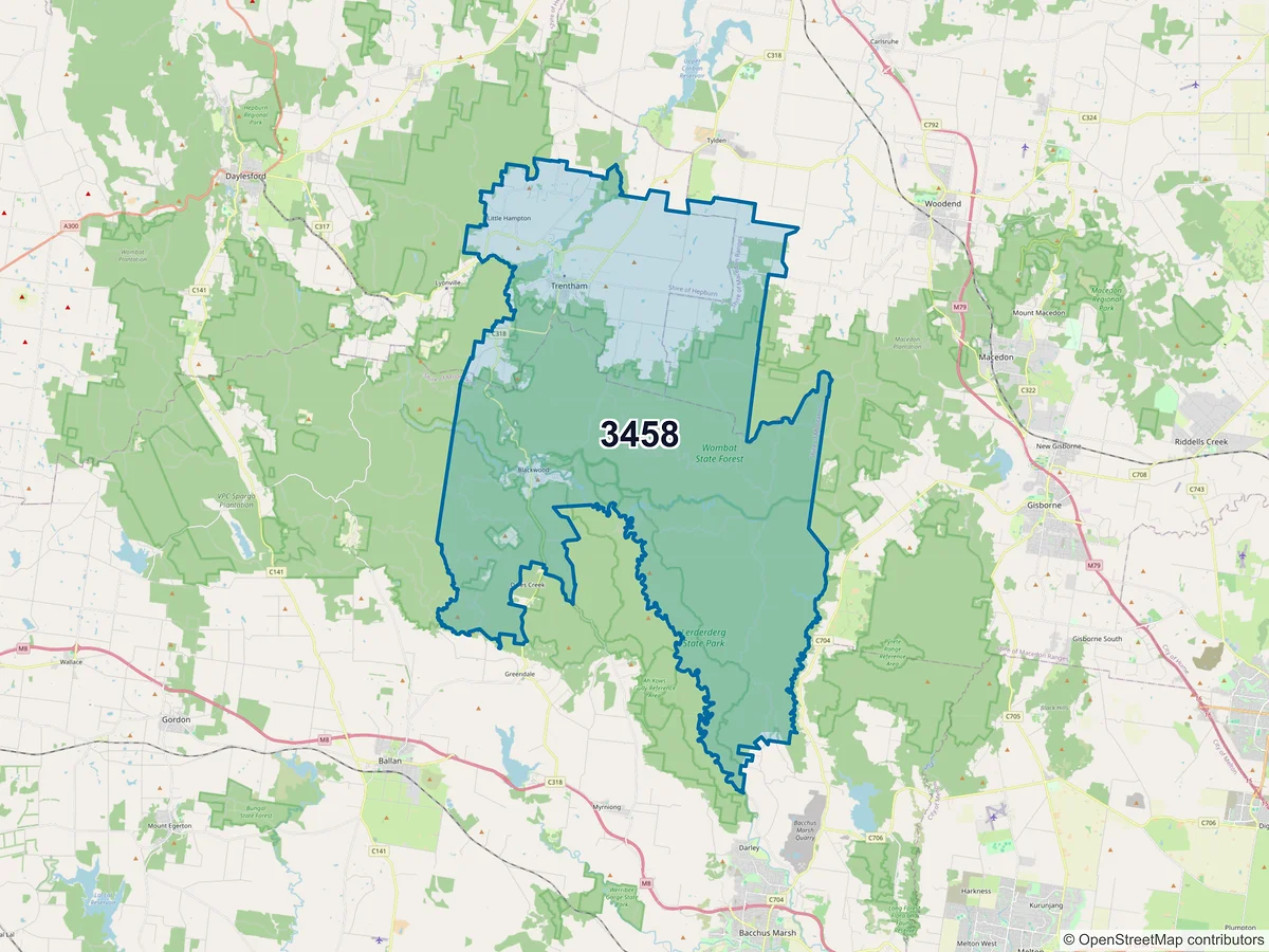 Map of postcode 3458 — Trentham, VIC, Australia