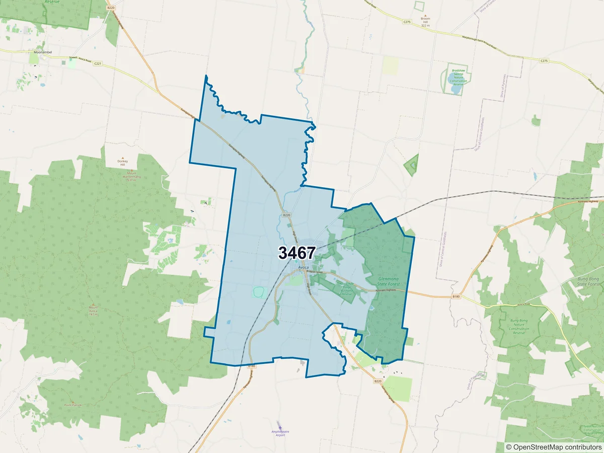 Map of postcode 3467 — Avoca, VIC, Australia