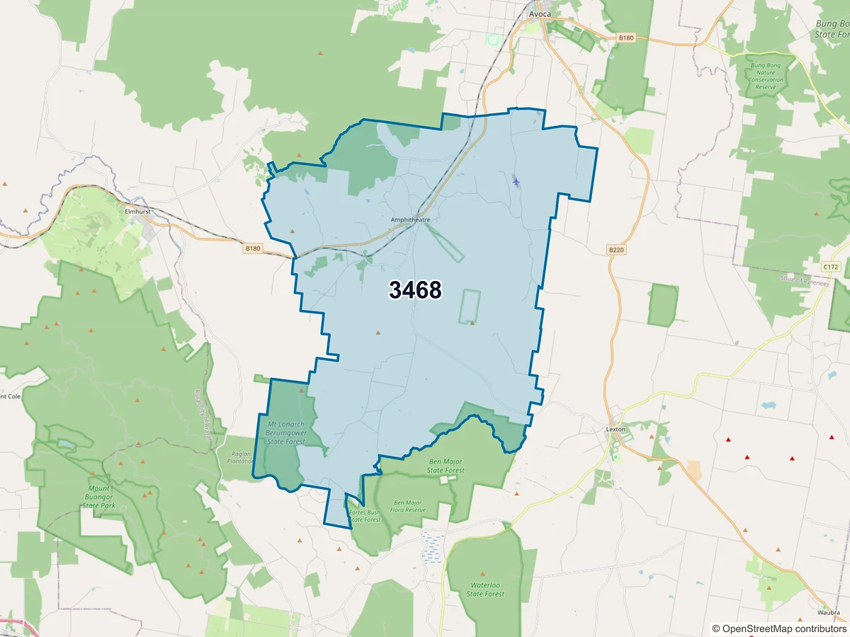 Map of postcode 3468 — Amphitheatre, VIC, Australia