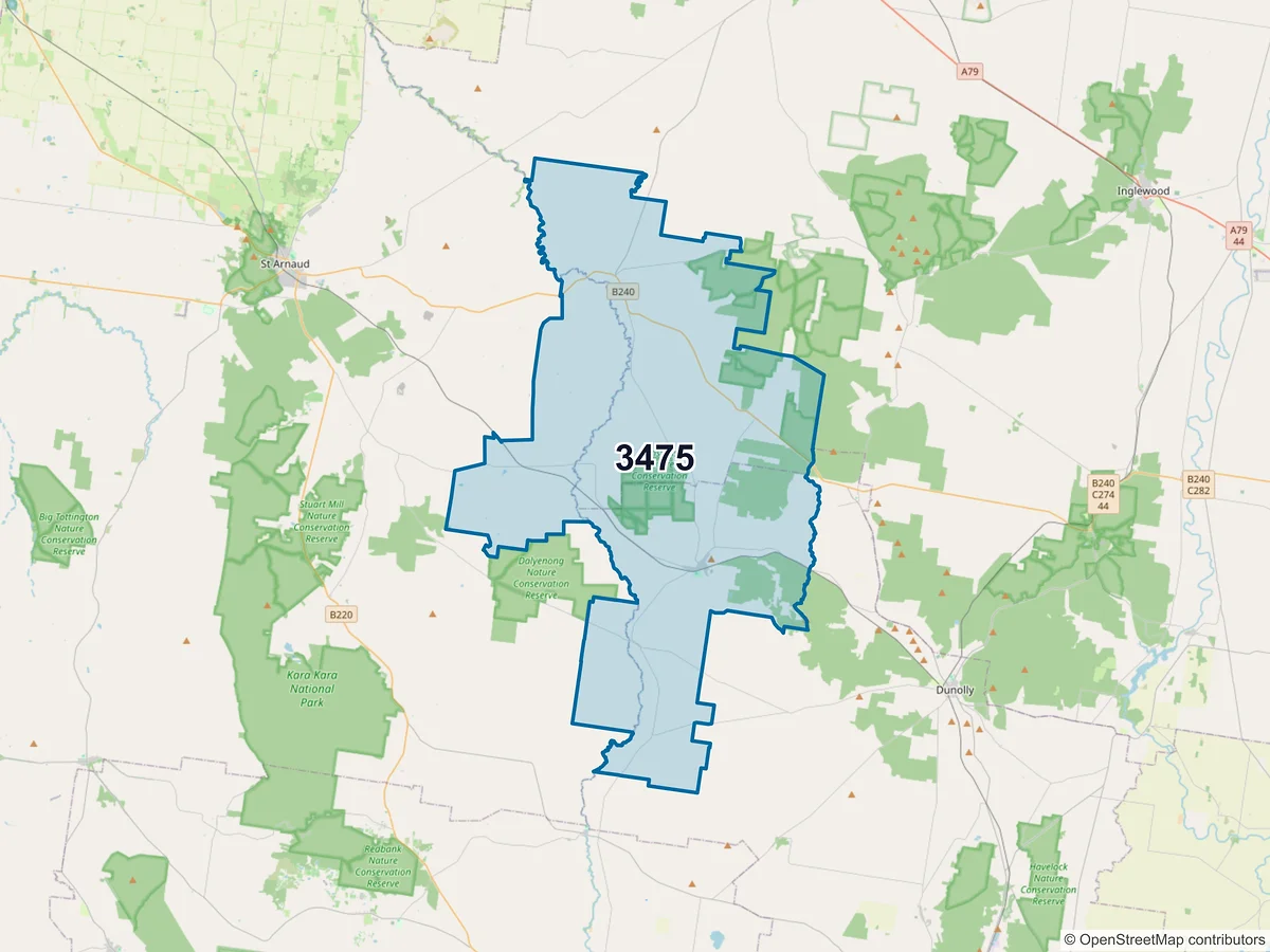 Map of postcode 3475 — Bealiba, VIC, Australia