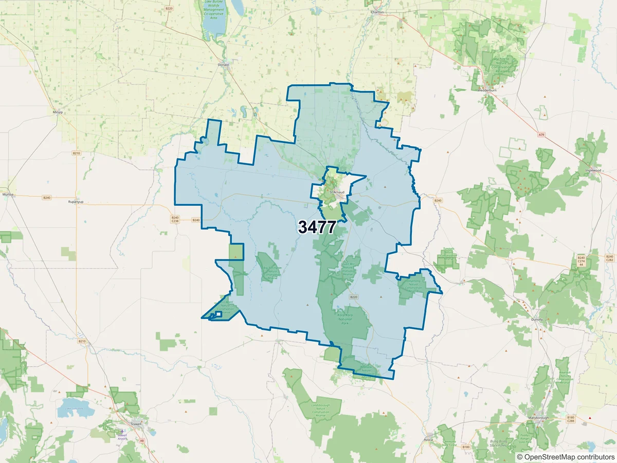 Map of postcode 3477 — Redbank, VIC, Australia