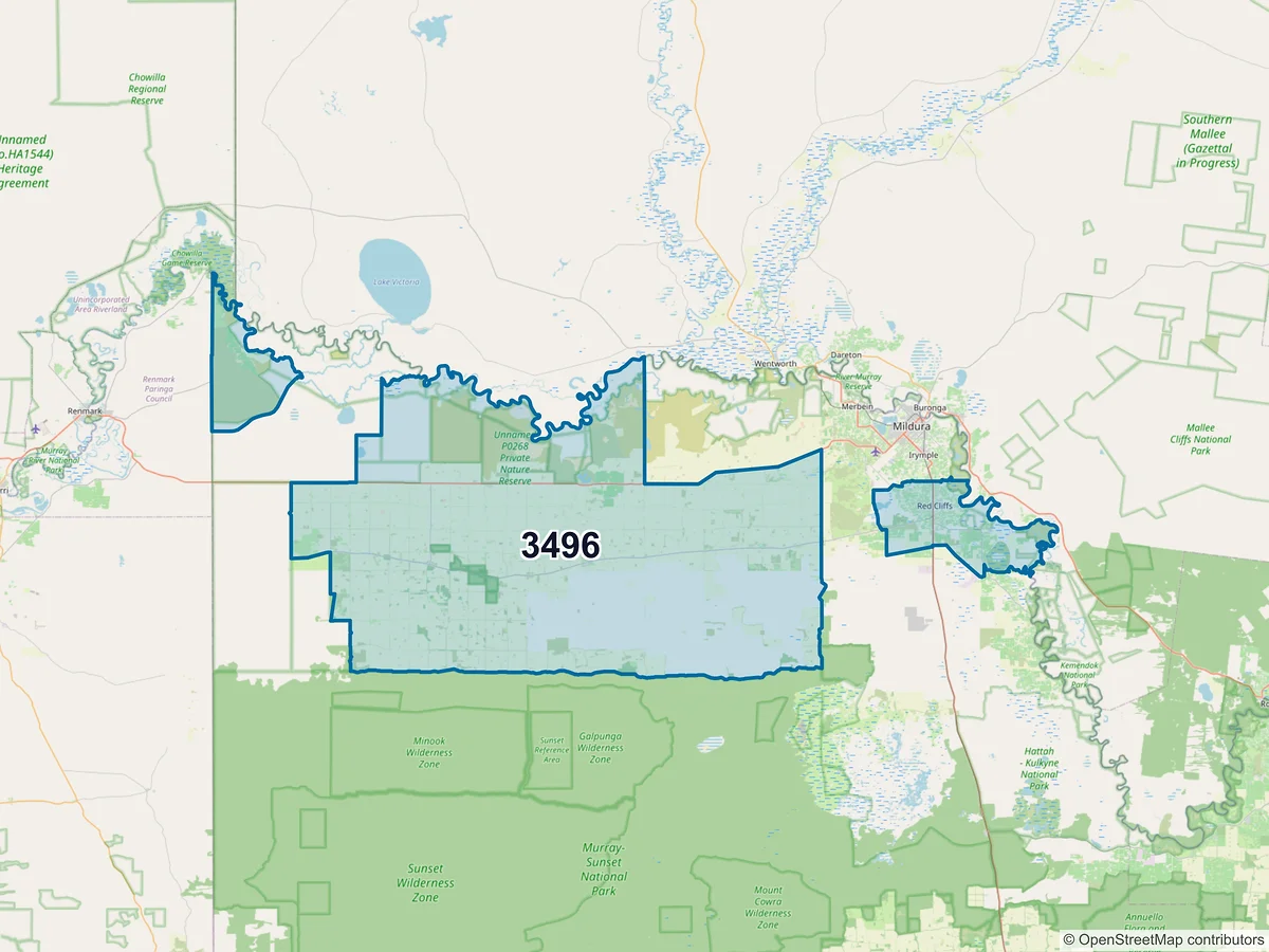 Map of postcode 3496 — Red Cliffs, VIC, Australia