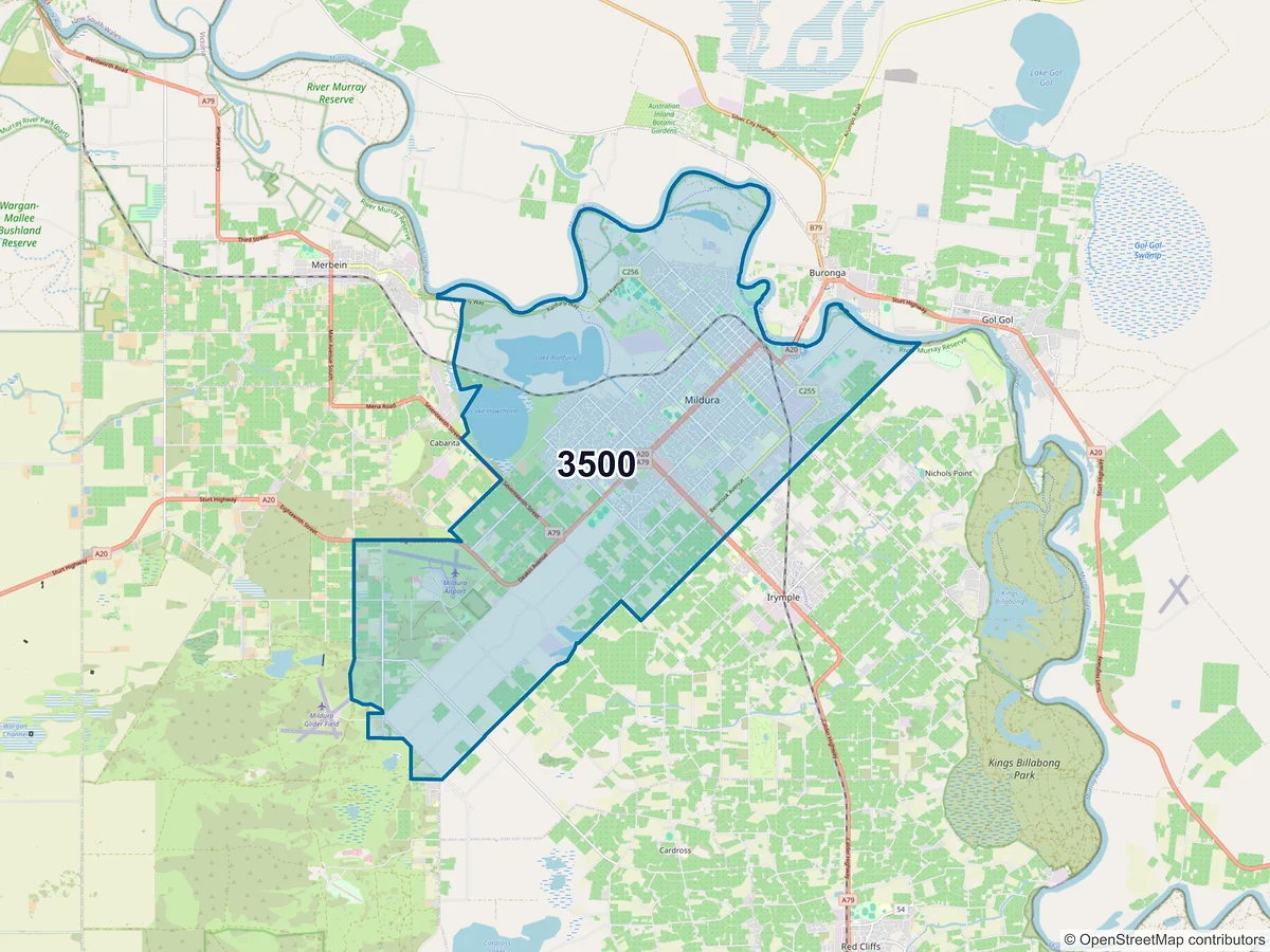 Map of postcode 3500 — Mildura, VIC, Australia