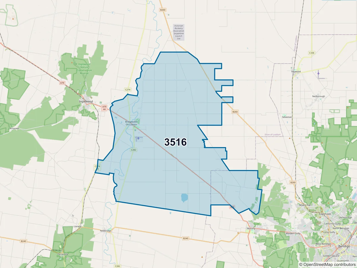 Map of postcode 3516 — Bridgewater on Loddon, VIC, Australia
