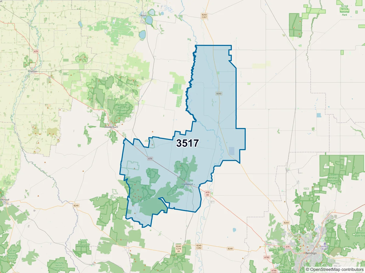 Map of postcode 3517 — Inglewood, VIC, Australia