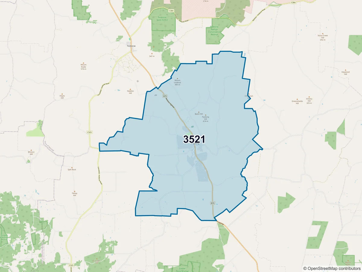 Map of postcode 3521 — Pyalong, VIC, Australia