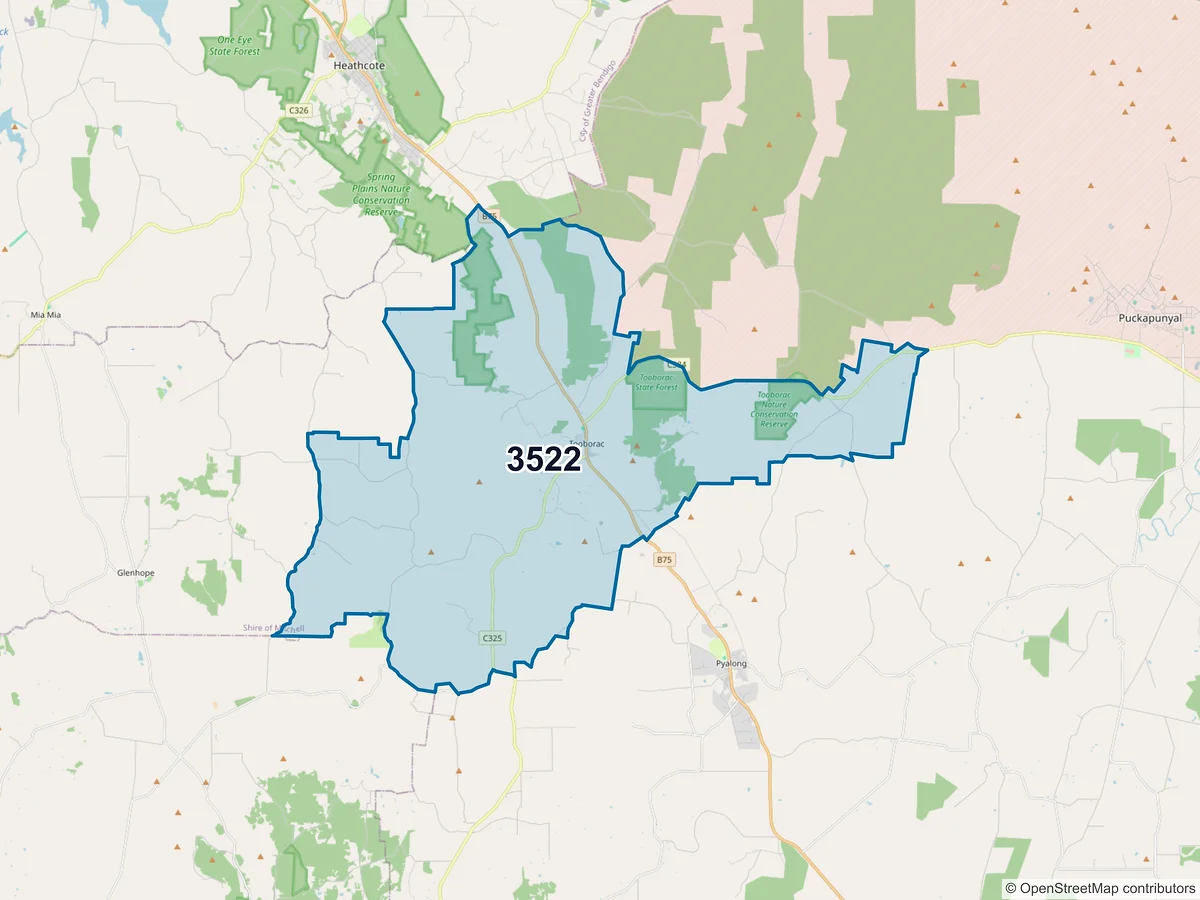 Map of postcode 3522 — Tooborac, VIC, Australia