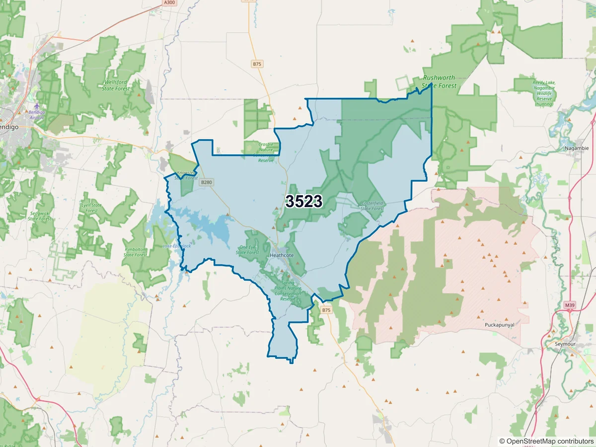 Map of postcode 3523 — Heathcote, VIC, Australia
