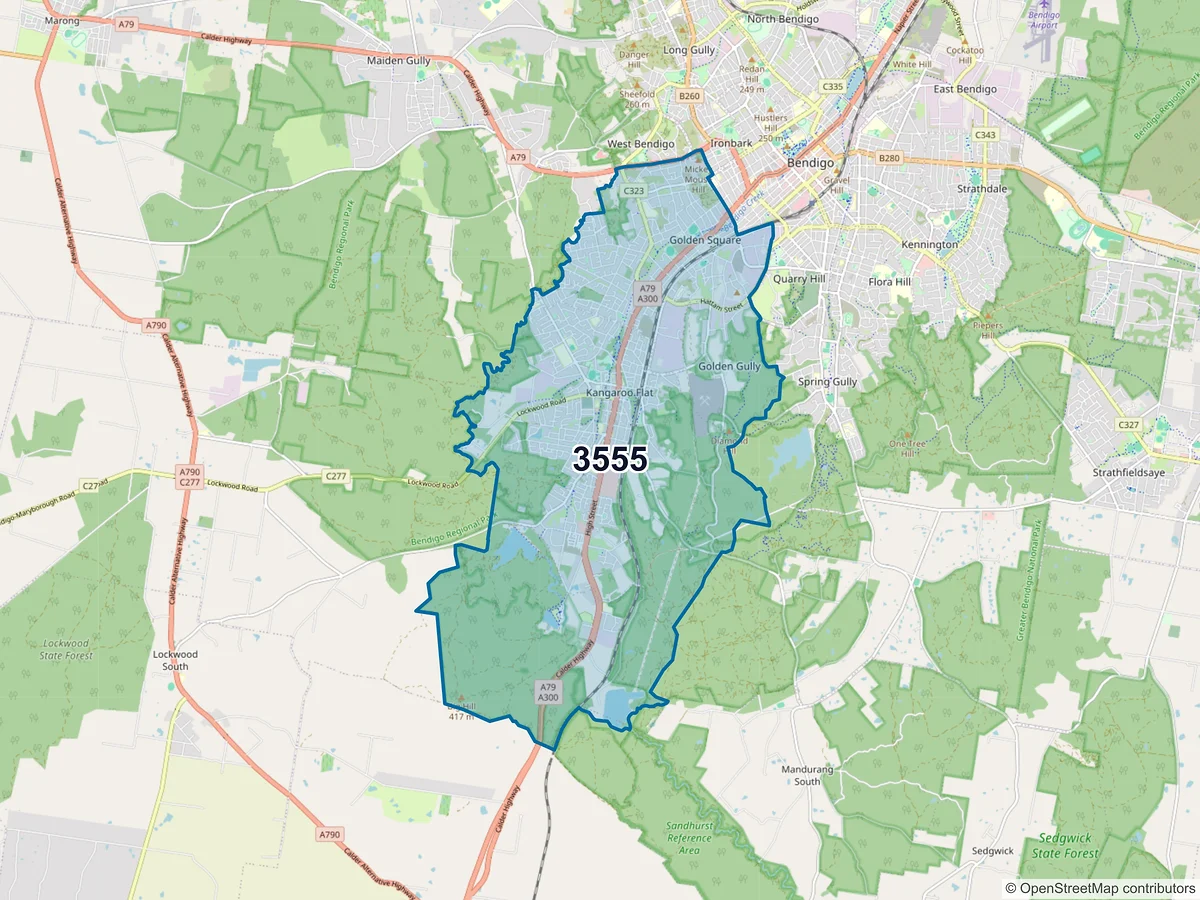 Map of postcode 3555 — Kangaroo Flat, VIC, Australia