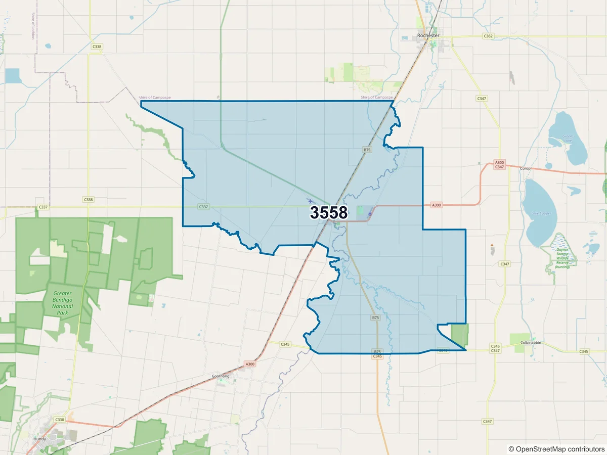 Map of postcode 3558 — Elmore, VIC, Australia