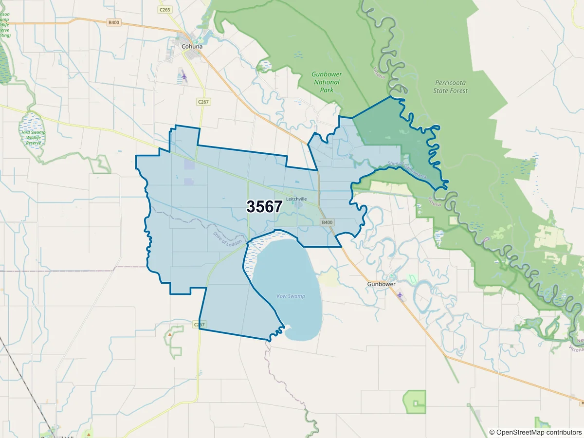 Map of postcode 3567 — Leitchville, VIC, Australia