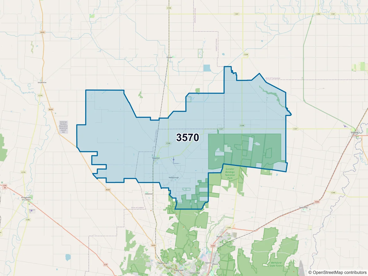 Map of postcode 3570 — Raywood, VIC, Australia