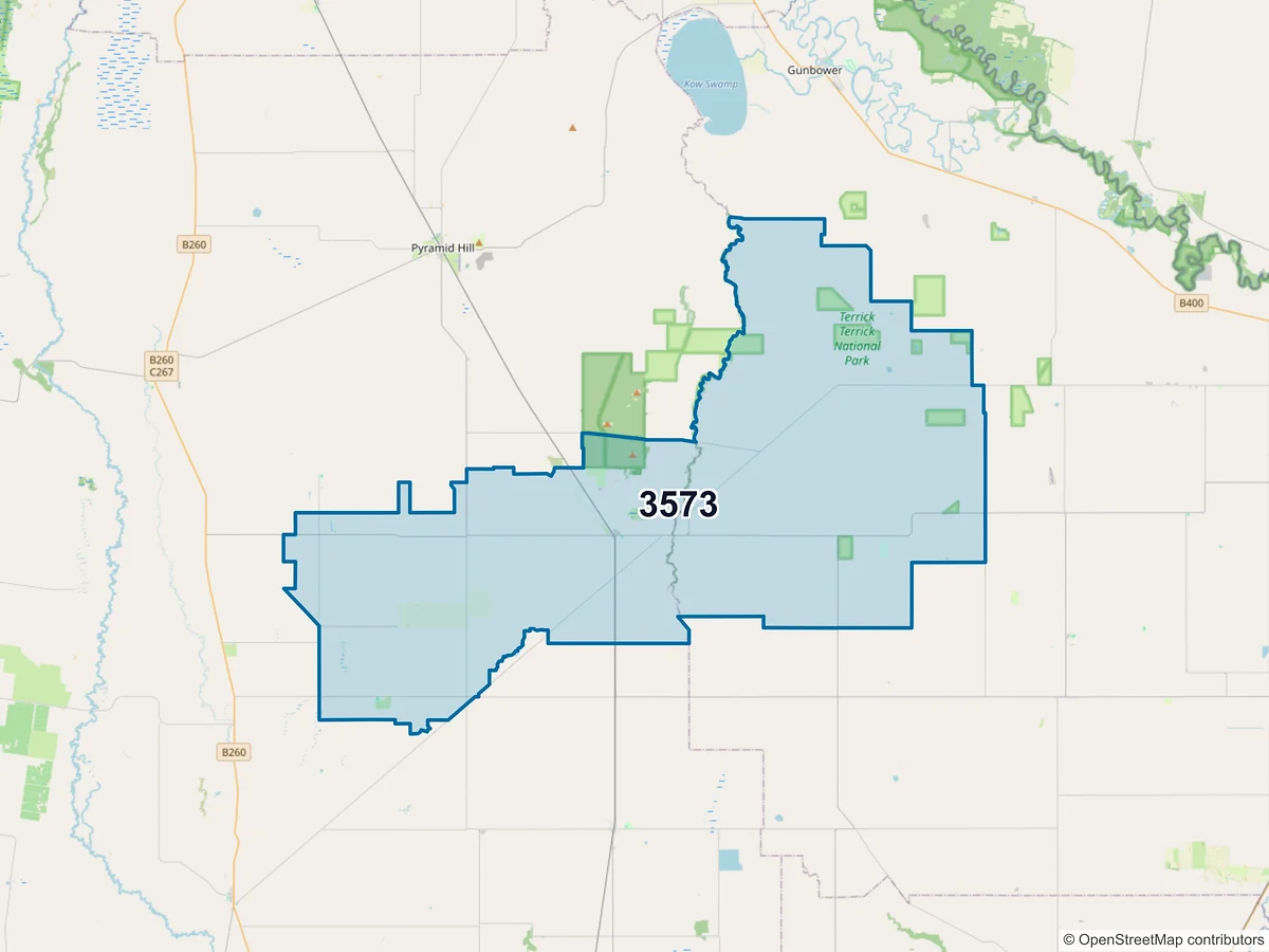 Map of postcode 3573 — Calivil, VIC, Australia