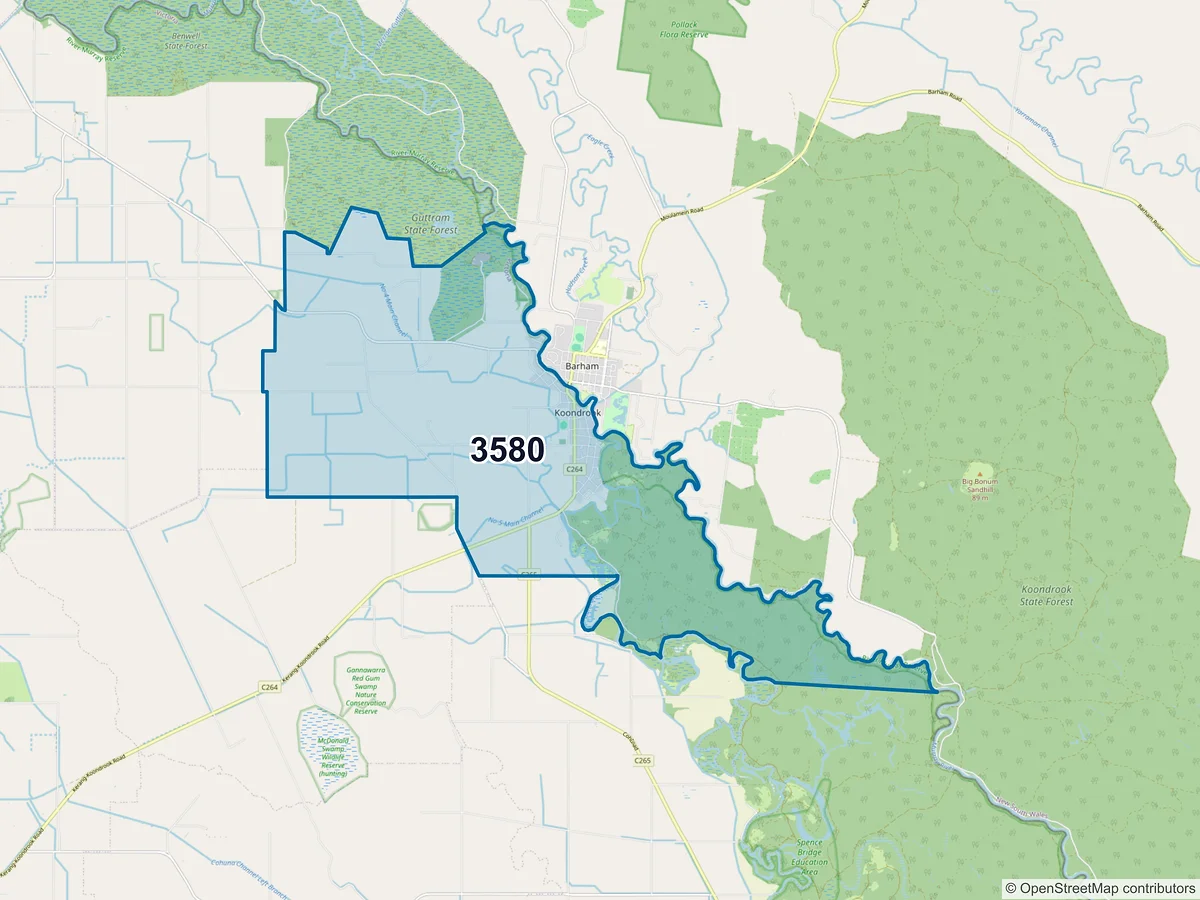 Map of postcode 3580 — Koondrook, VIC, Australia
